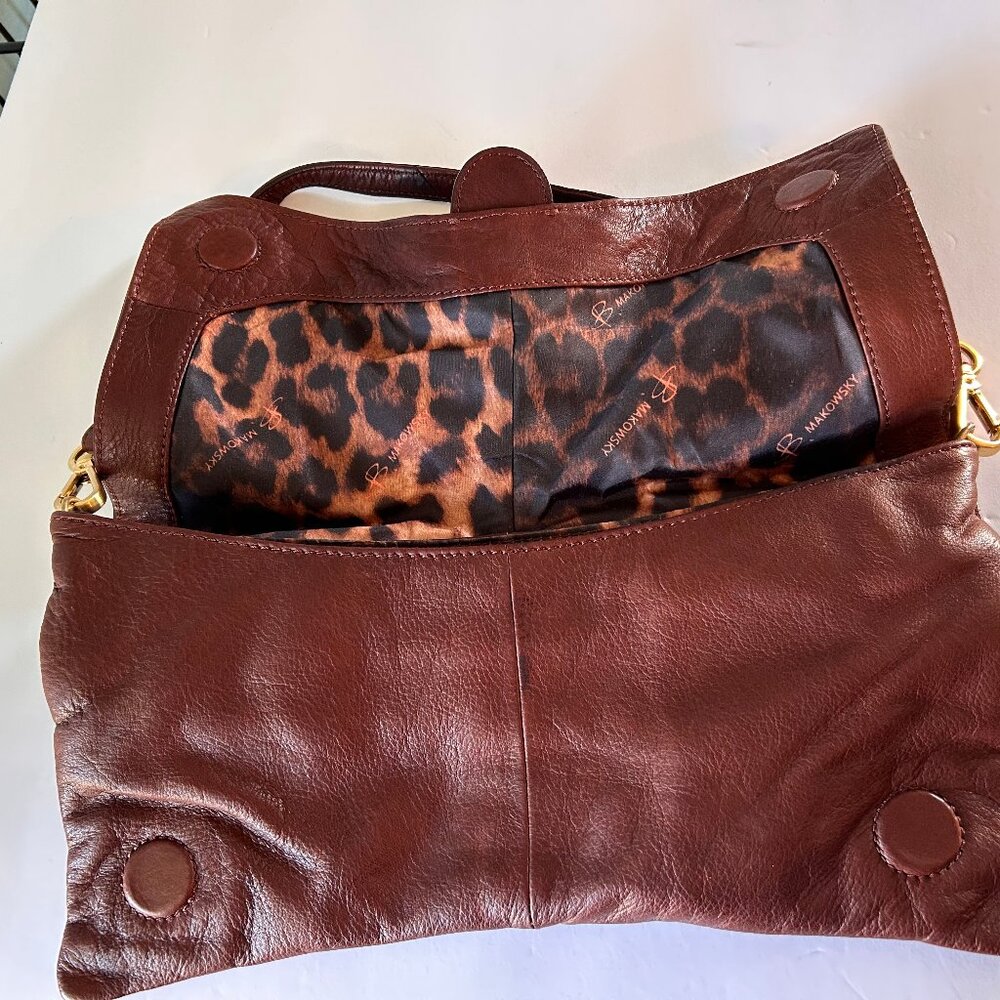 B. Makowsky Brown Leather Shoulder Bag/Clutch  Gold Hardware Y2K Leopard Lined - Picture 4 of 10
